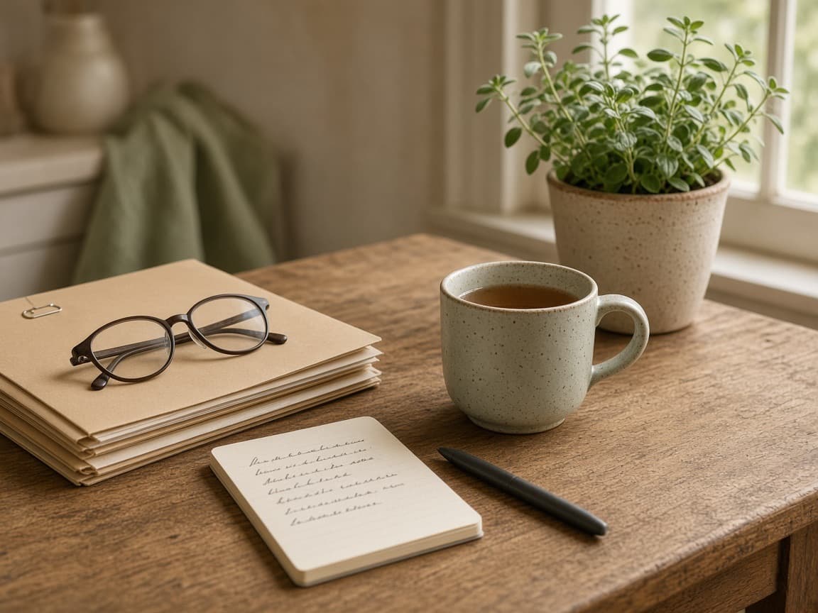 A kitchen table with a stack of folders, reading glasses, a mug of tea and a handwritten list.