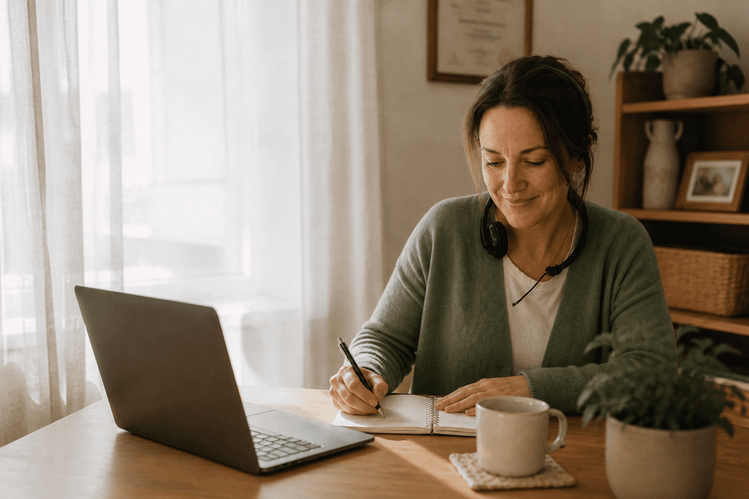 A Navigate Care navigator working from home, taking notes during a call