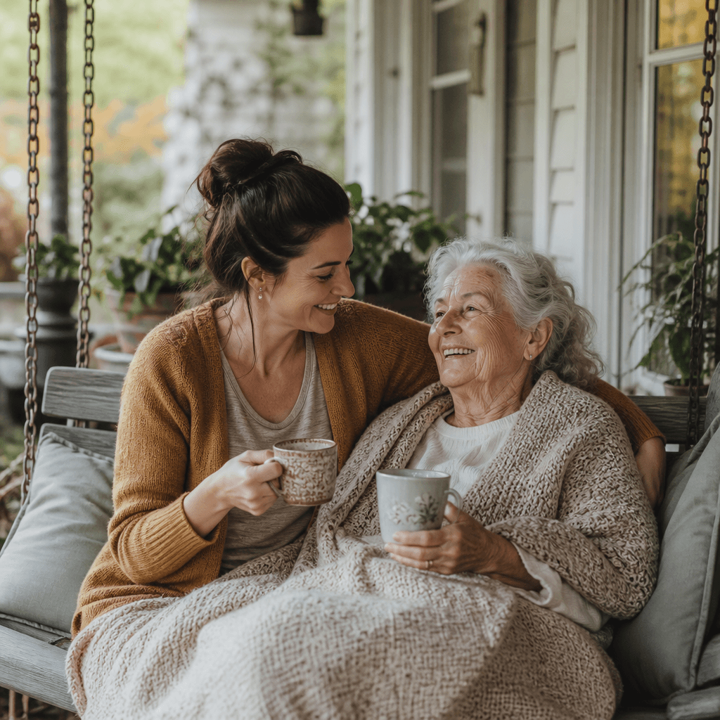 A daughter and her mother relaxing on the porch with tea