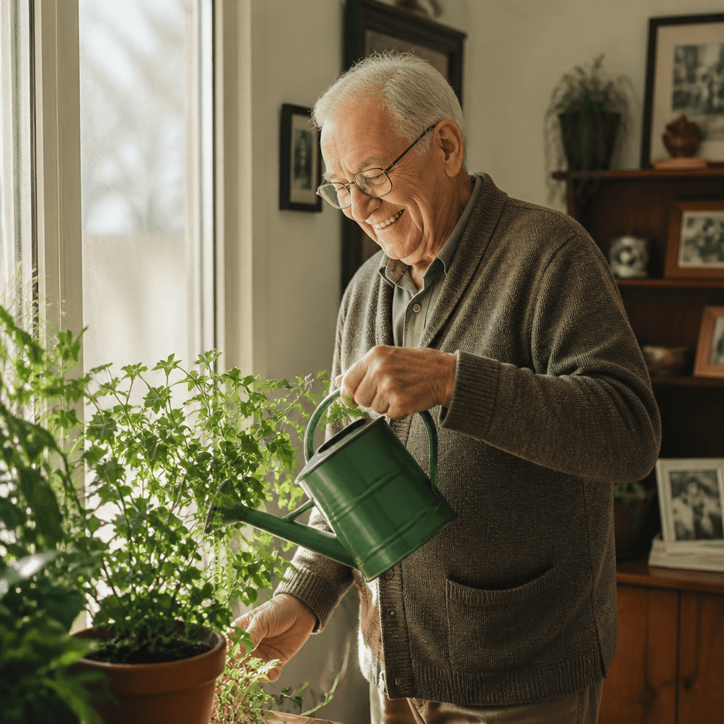 A cheerful man watering his plants by a sunlit window