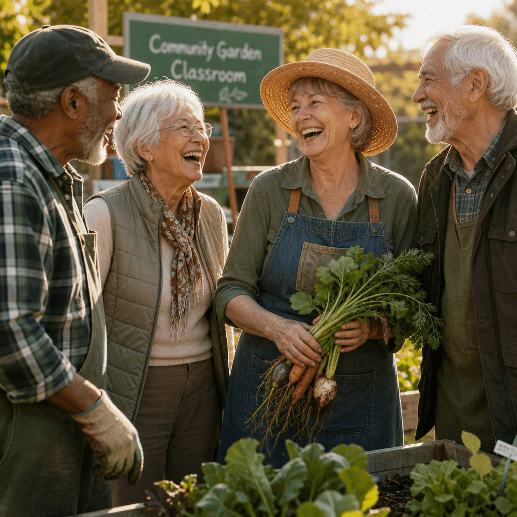 Seniors laughing together at a community gardening class