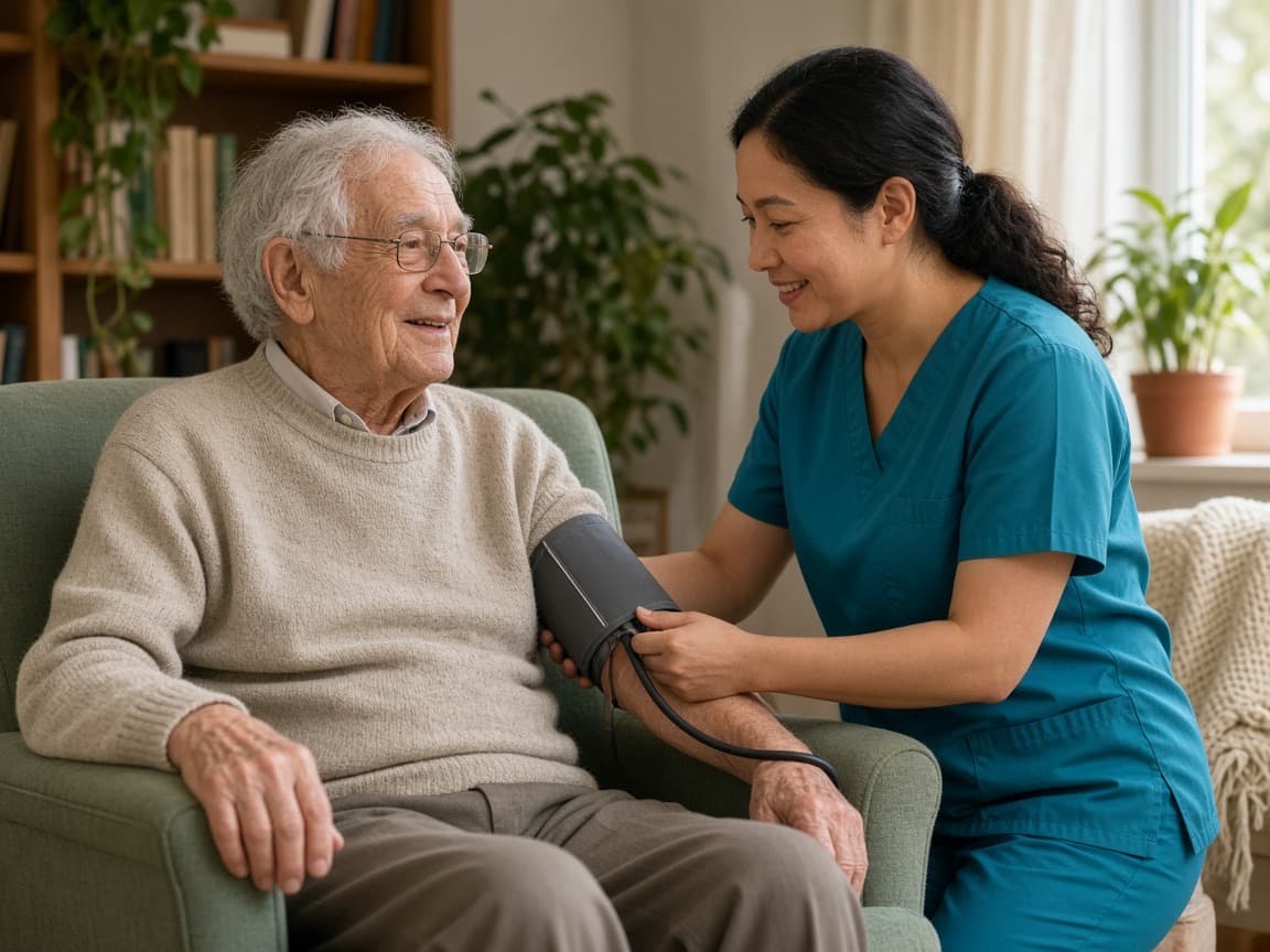 A home health nurse taking an older man's blood pressure in his living room.