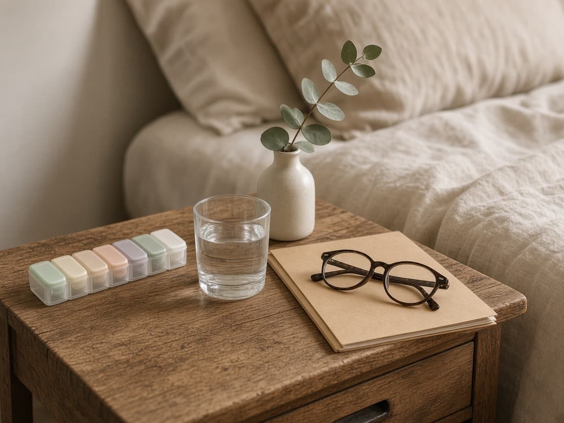 A bedside table with a pill organizer, a glass of water, a folder and reading glasses.