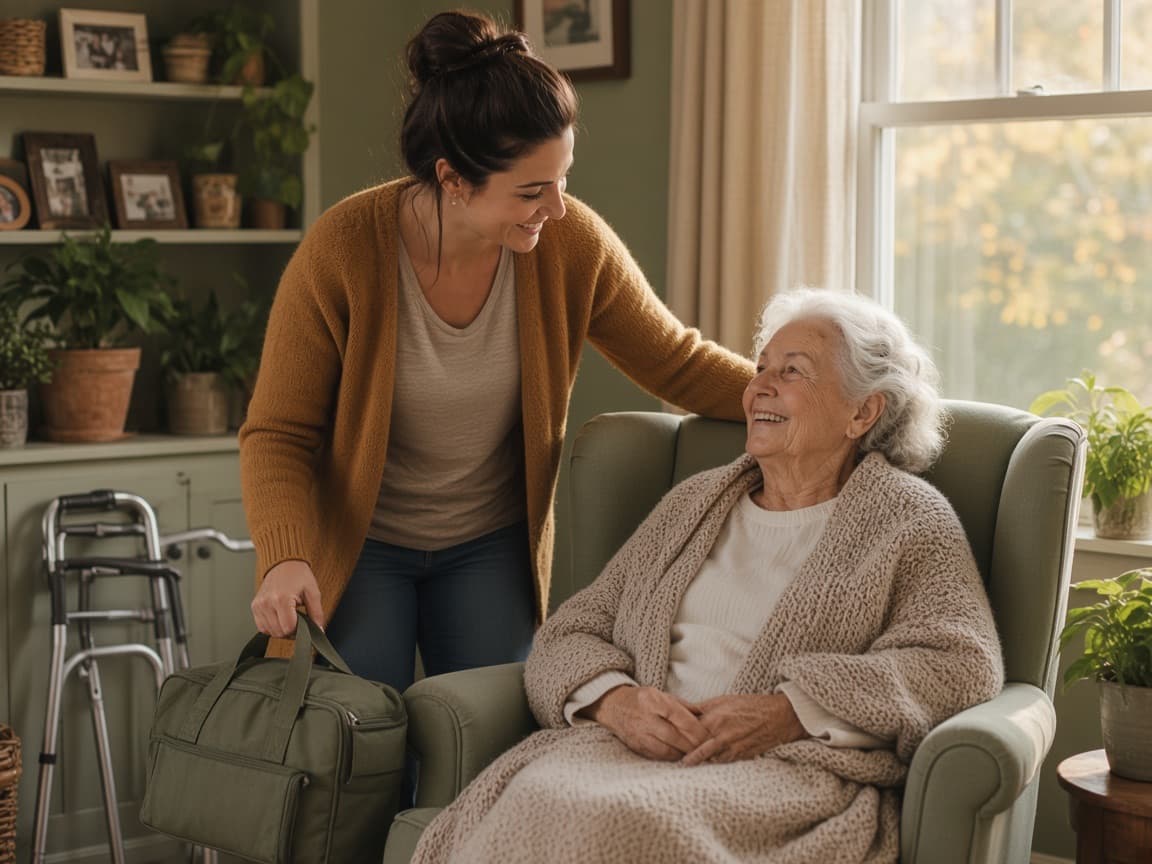 An older woman settling into an armchair at home while her daughter sets down an overnight bag.