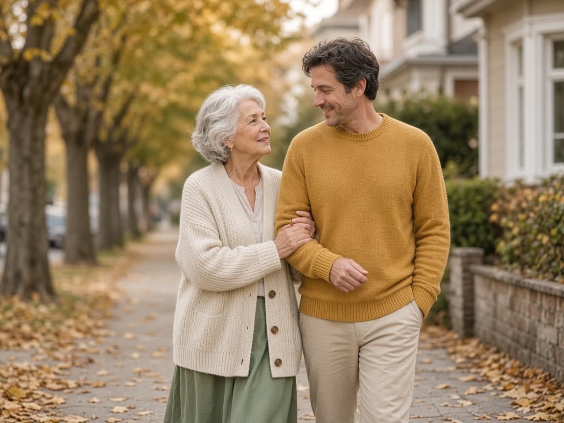 An older woman and her adult son walking arm in arm along a tree-lined street in autumn.