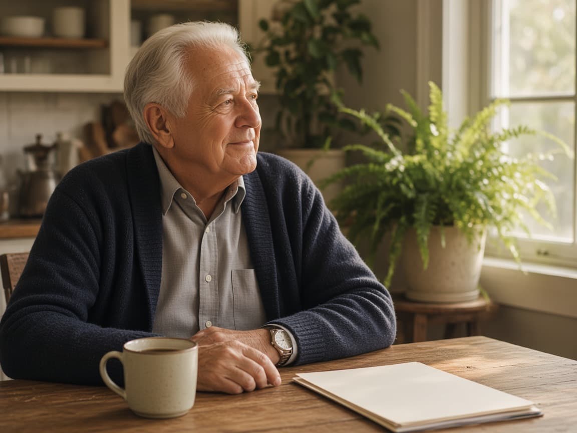 An older man at his kitchen table looking out the window, a folder of papers and a mug beside him.
