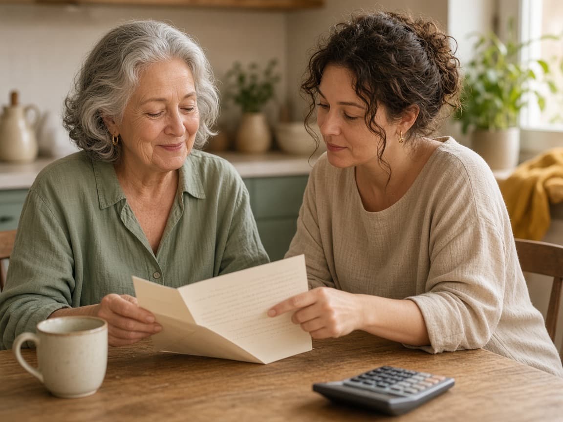 An older woman and her daughter reading a letter together at the kitchen table, relieved.
