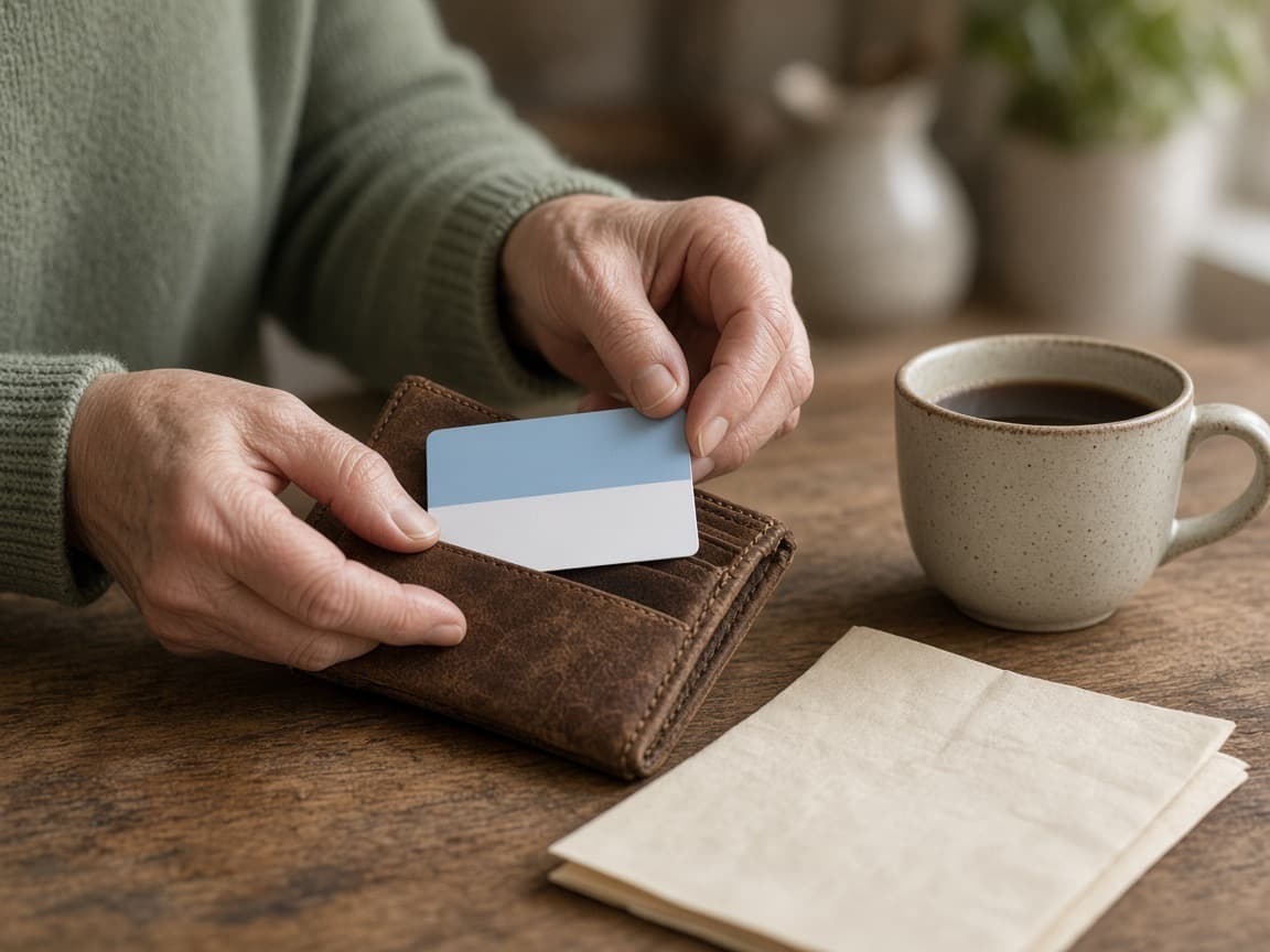 Older hands sliding an insurance card into a leather wallet beside a cup of coffee.