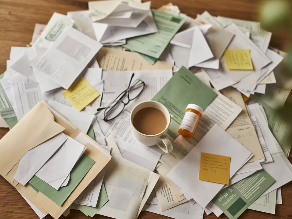 A kitchen table seen from above, covered edge to edge in letters, envelopes, statements and sticky notes.