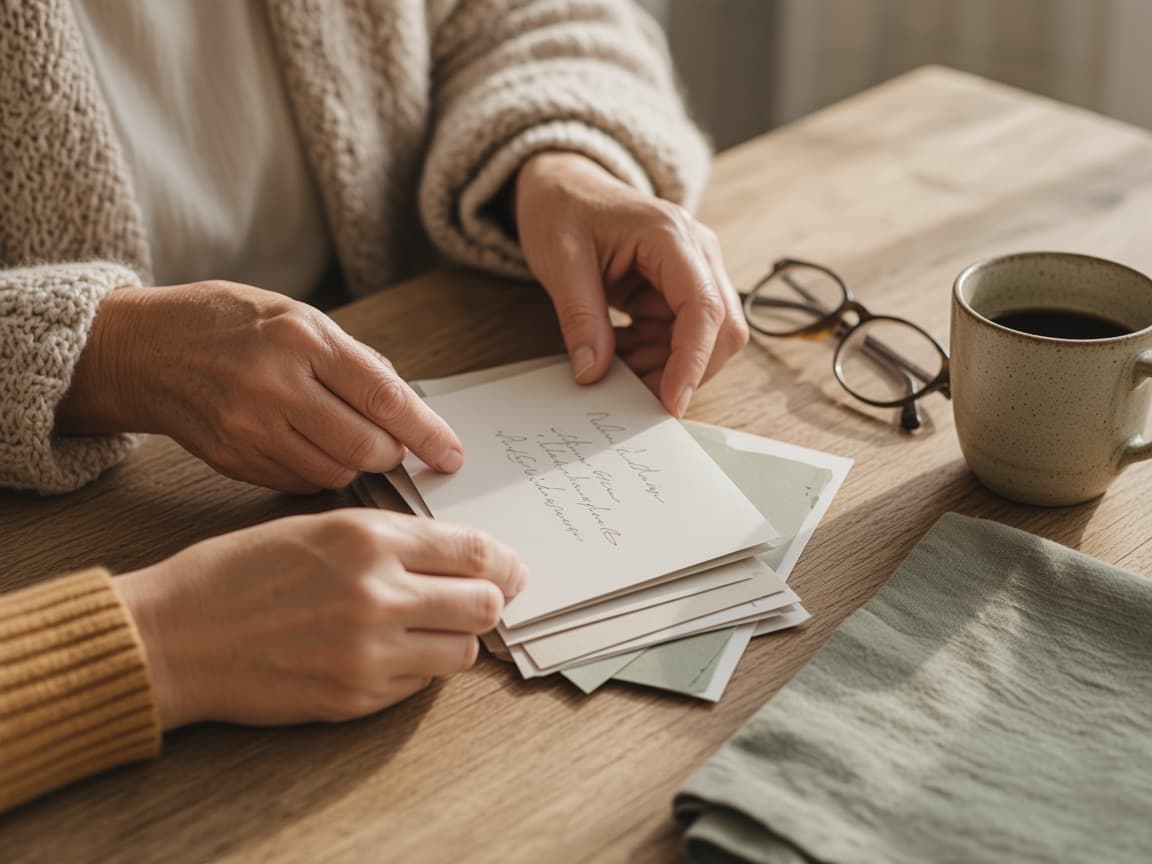Two pairs of hands sorting a small stack of letters on a kitchen table.