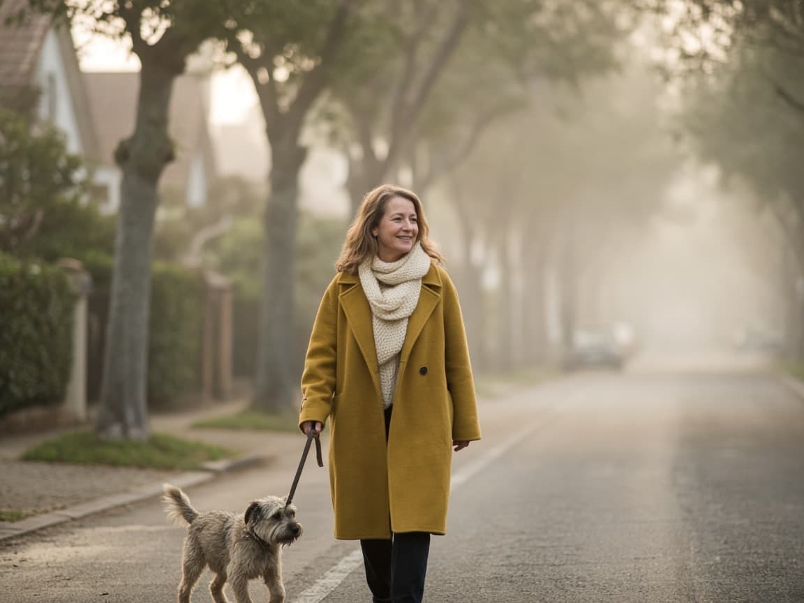 A woman in a mustard coat walking a small dog along a quiet, misty street at dawn.