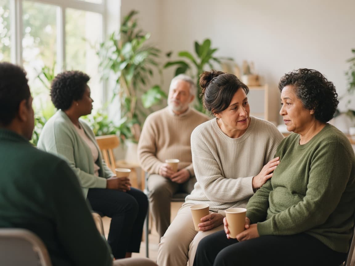 A small support group seated in a circle in a bright community room, two women in conversation.
