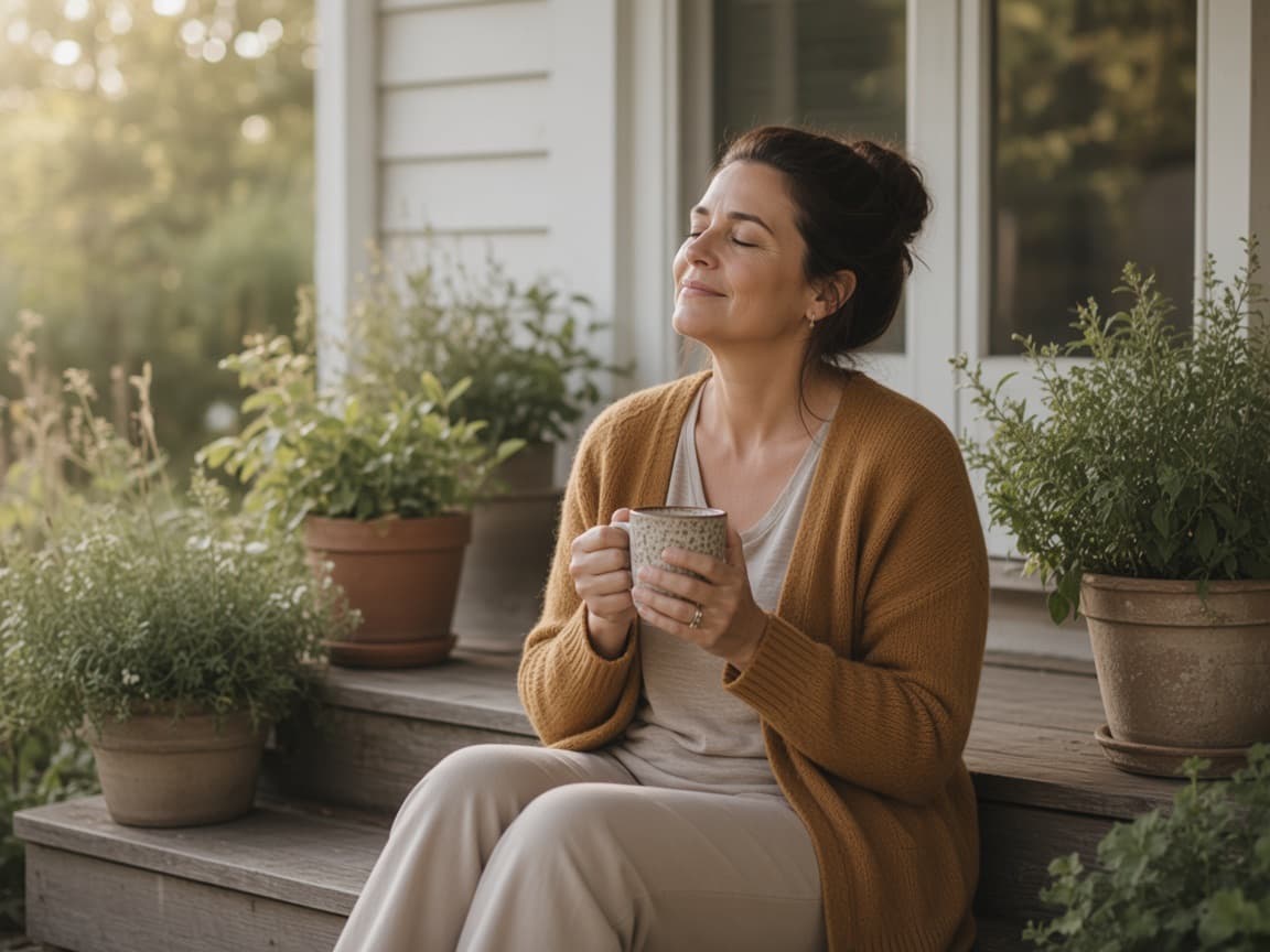A woman resting on a porch step with a mug, eyes closed, face to the morning light.