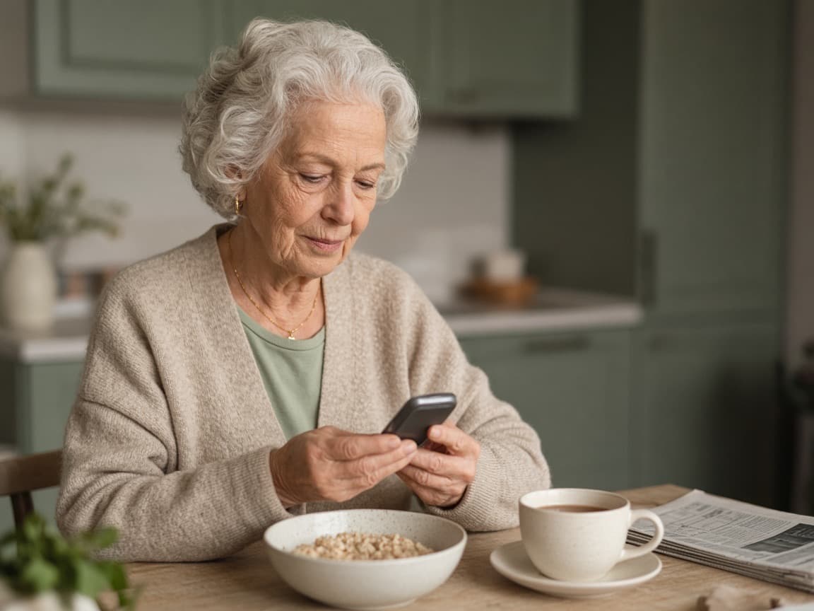 An older woman checking a small glucose meter at her breakfast table.