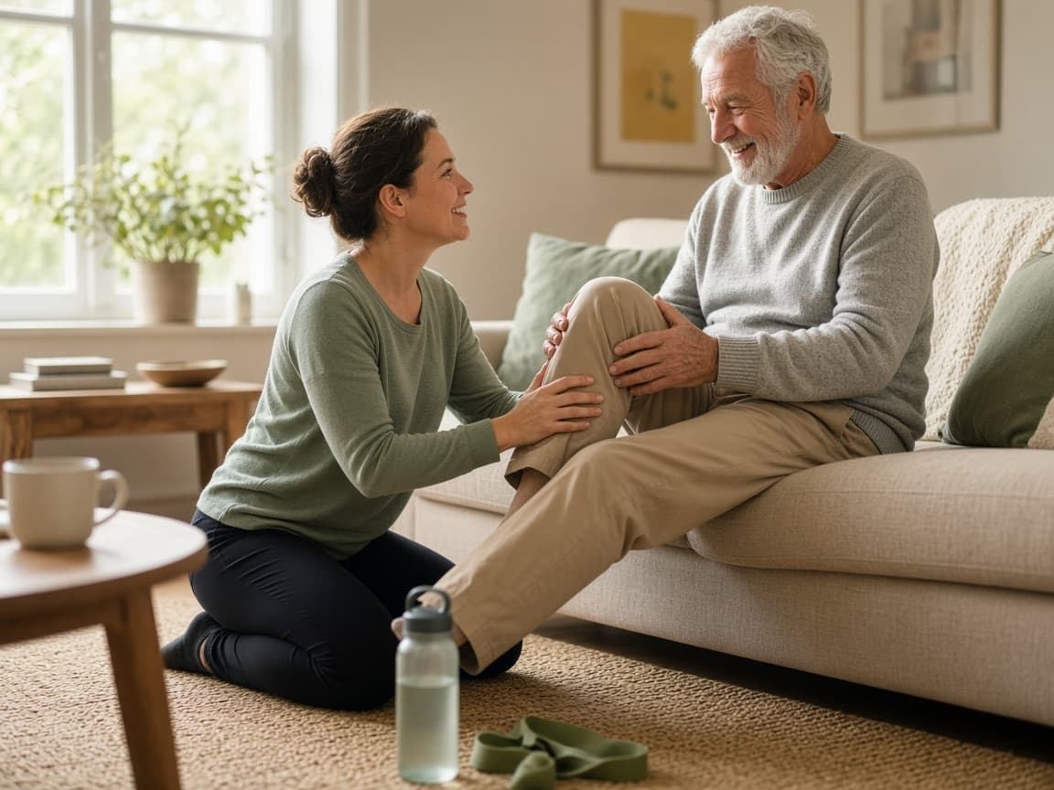 A physical therapist guiding an older man through a gentle leg stretch on his sofa.