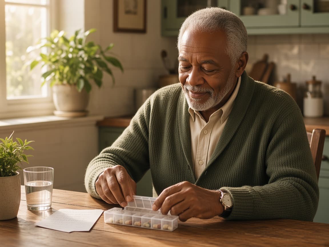 An older man filling a weekly pill organizer at his kitchen table.