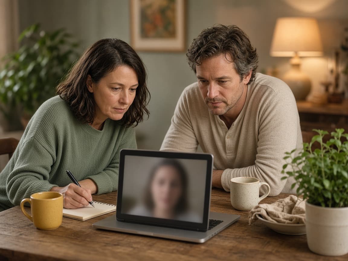 Two adult siblings at a dining table on a video call, one taking notes.
