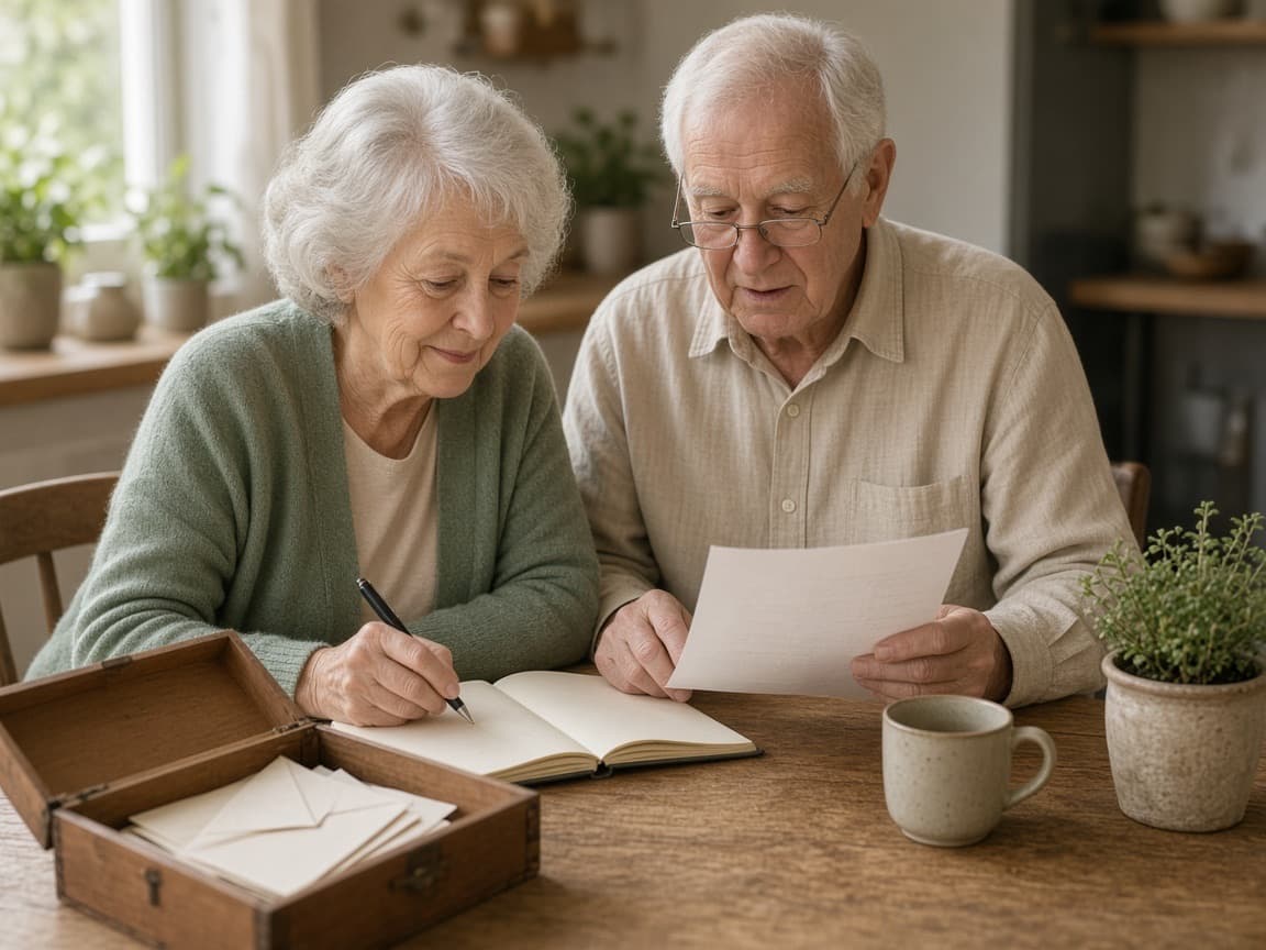 An older couple at the kitchen table with a notebook and documents, planning together