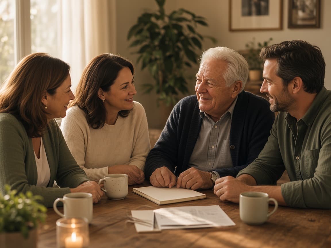 Three generations of a family around a dining table, talking over a notebook.