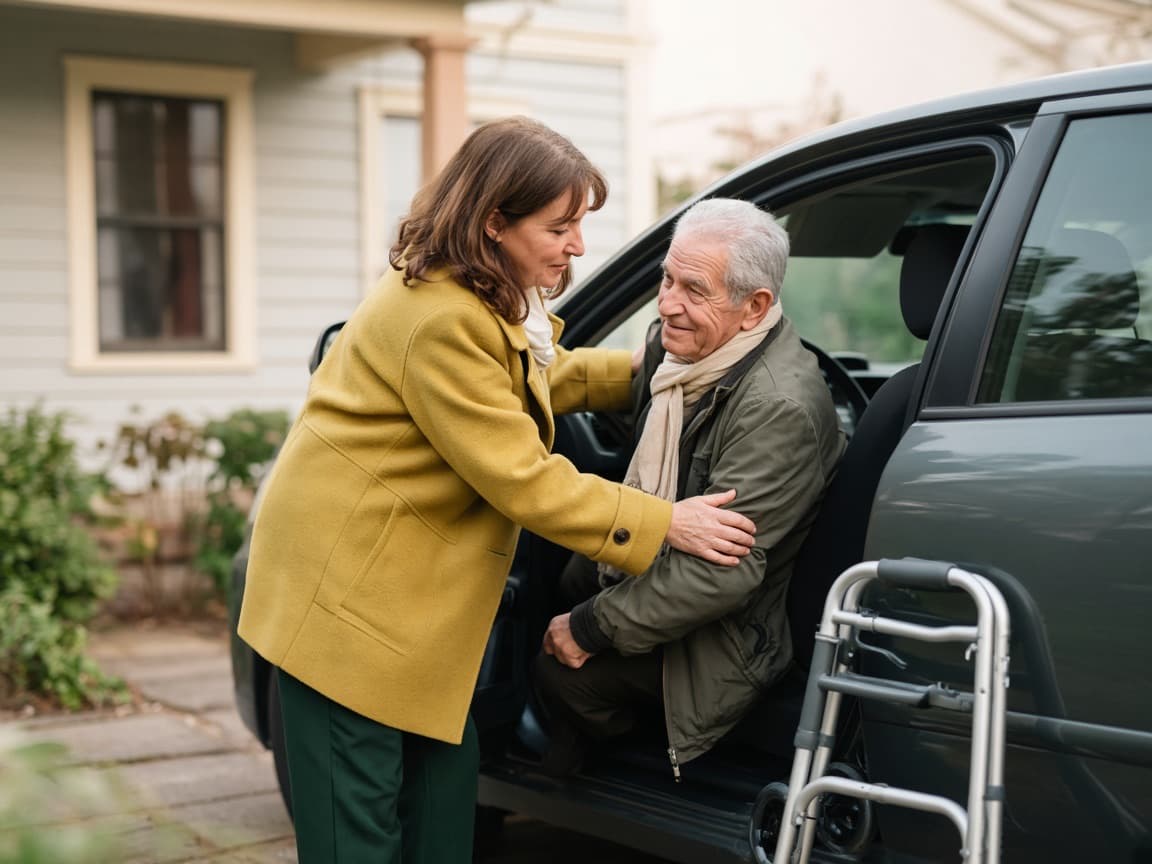 A daughter helping her father into the passenger seat of a car, his walker folded beside the door.