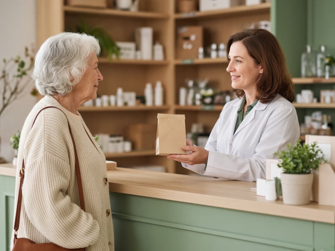 An older woman at a neighbourhood pharmacy counter talking with the pharmacist.