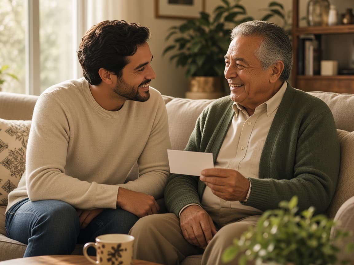 An older man holding an appointment card, talking with his adult son.