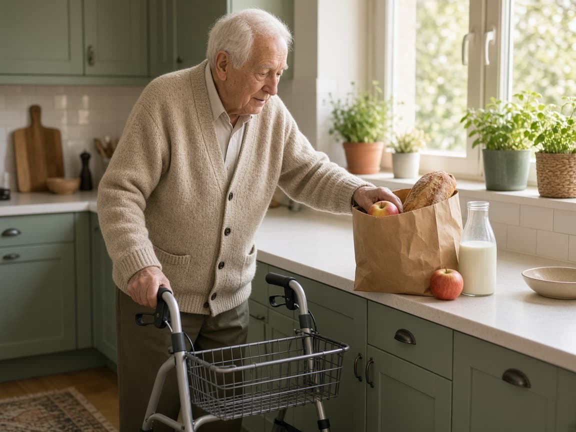 An older man unpacking groceries in his kitchen with a rolling walker at his side.