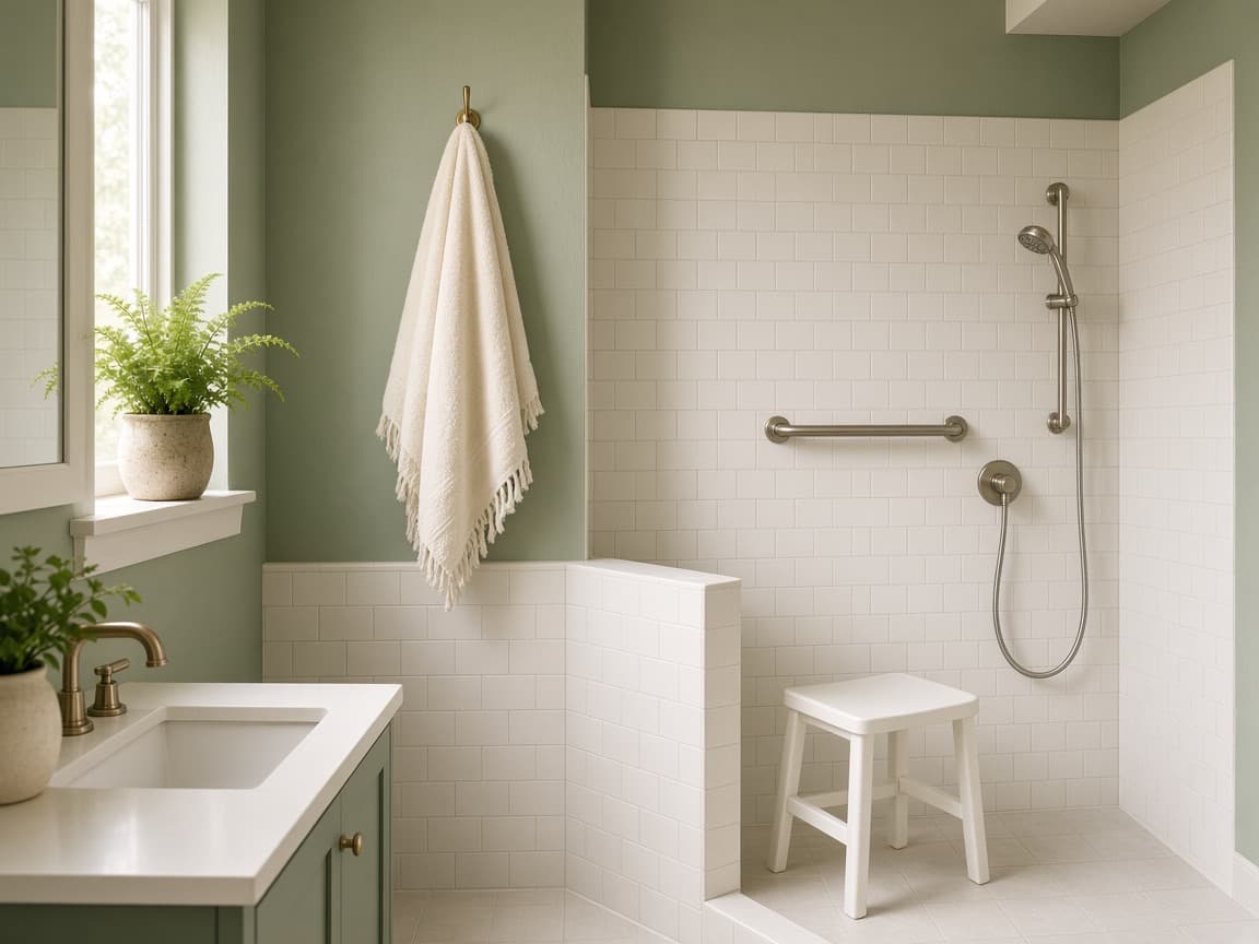 A bright bathroom with a wall-mounted grab bar, a shower chair and a hand-held shower head.