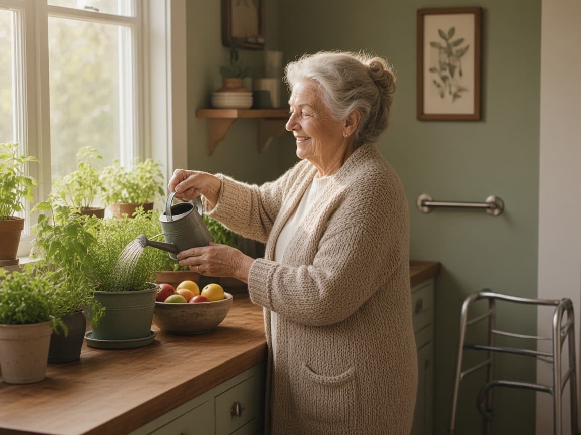 An older woman watering herbs on her kitchen windowsill, a grab rail and walker nearby.