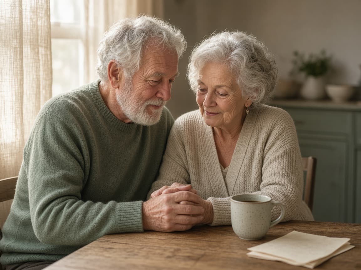 An older couple holding hands across a kitchen table in soft afternoon light.