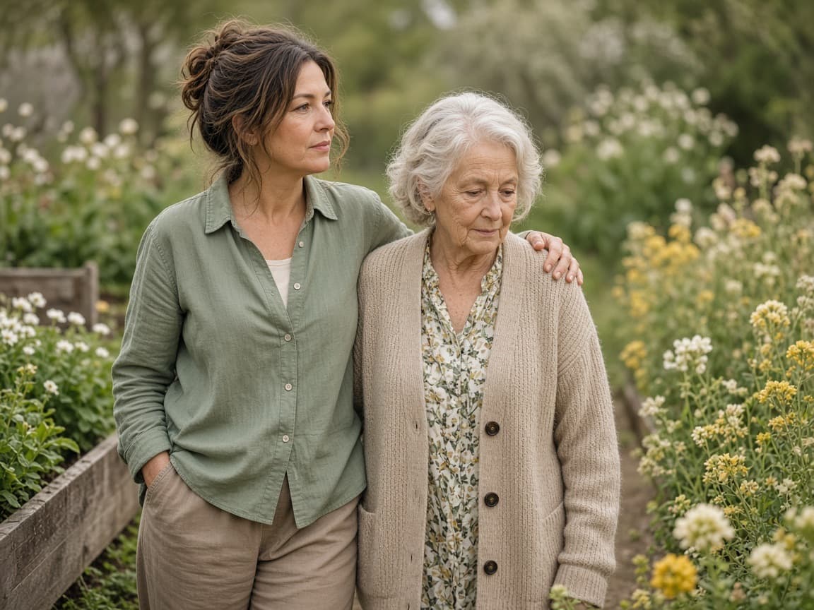 A daughter with her arm around her mother, walking slowly through a garden.