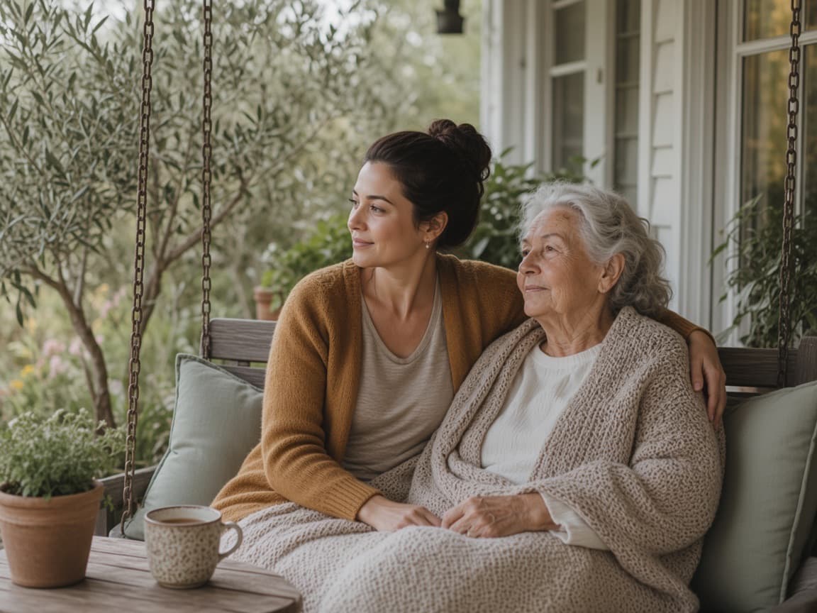 A mother and daughter sitting close together on a porch swing, looking out at the garden.