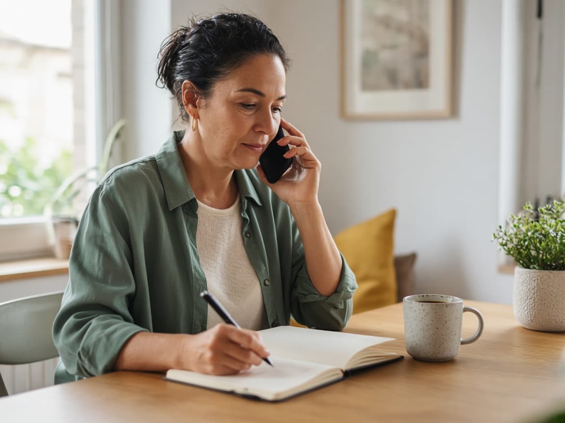 A woman on the phone at a bright desk, taking notes in a notebook.