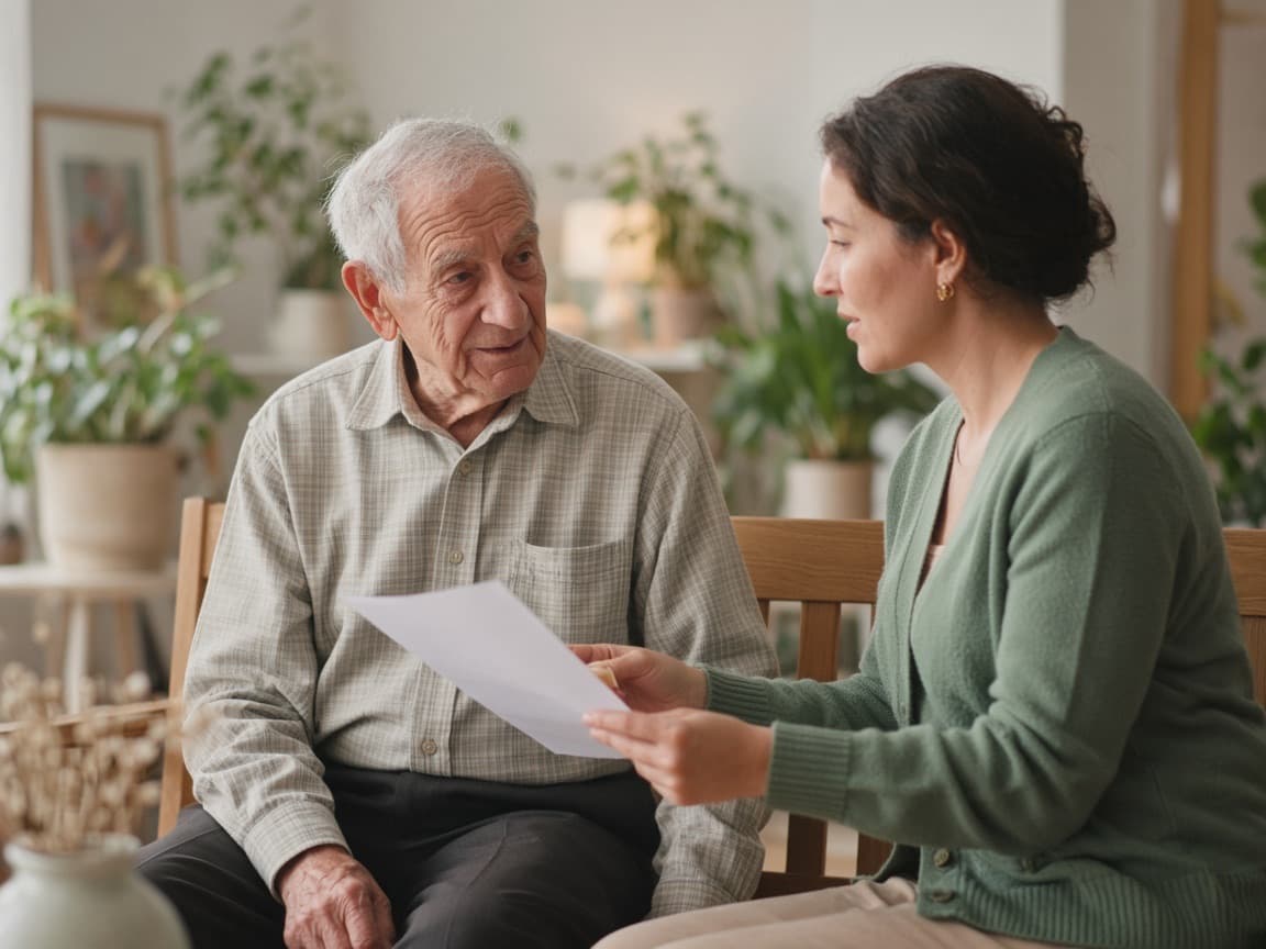 An older man on a waiting-room bench while a younger woman explains a sheet of paper to him.