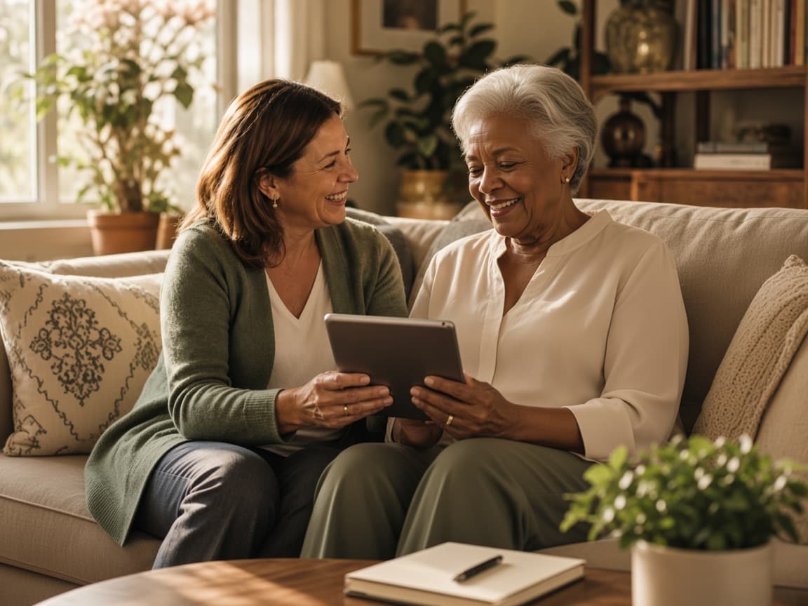 A navigator and an older woman on a sofa looking at a tablet together.