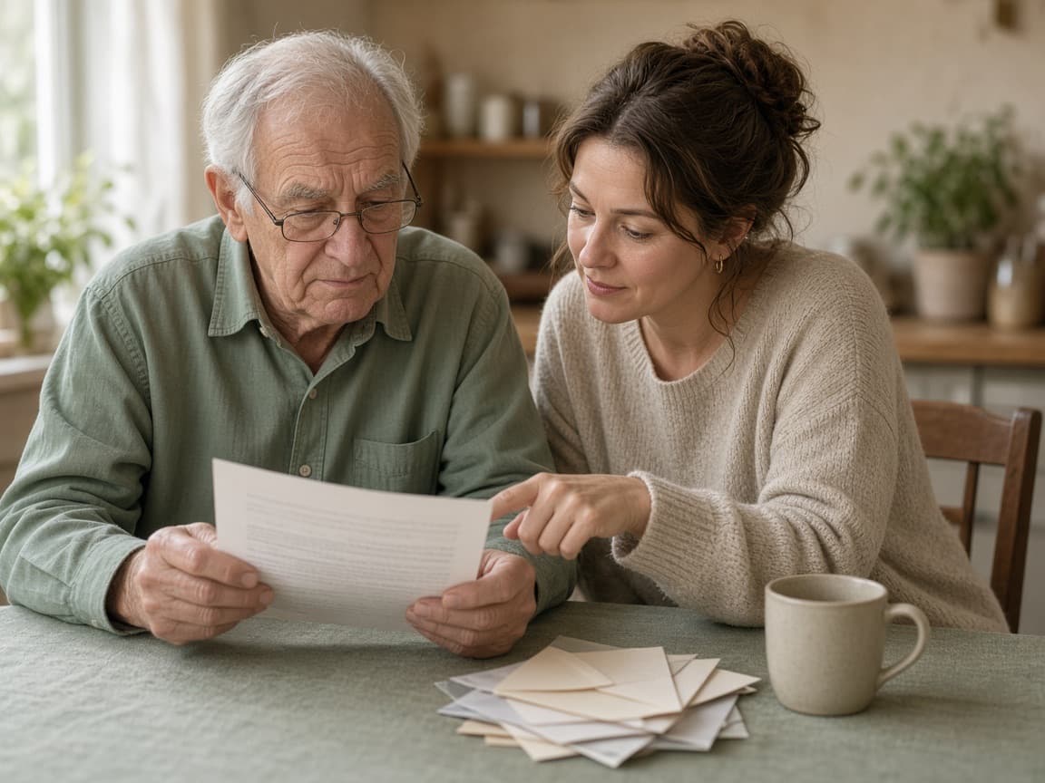 An older man reading a letter sceptically while his daughter points to a line on the page.