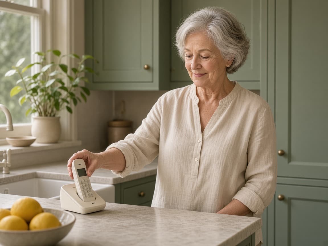 An older woman setting a cordless phone back on its cradle with a small, relieved smile.