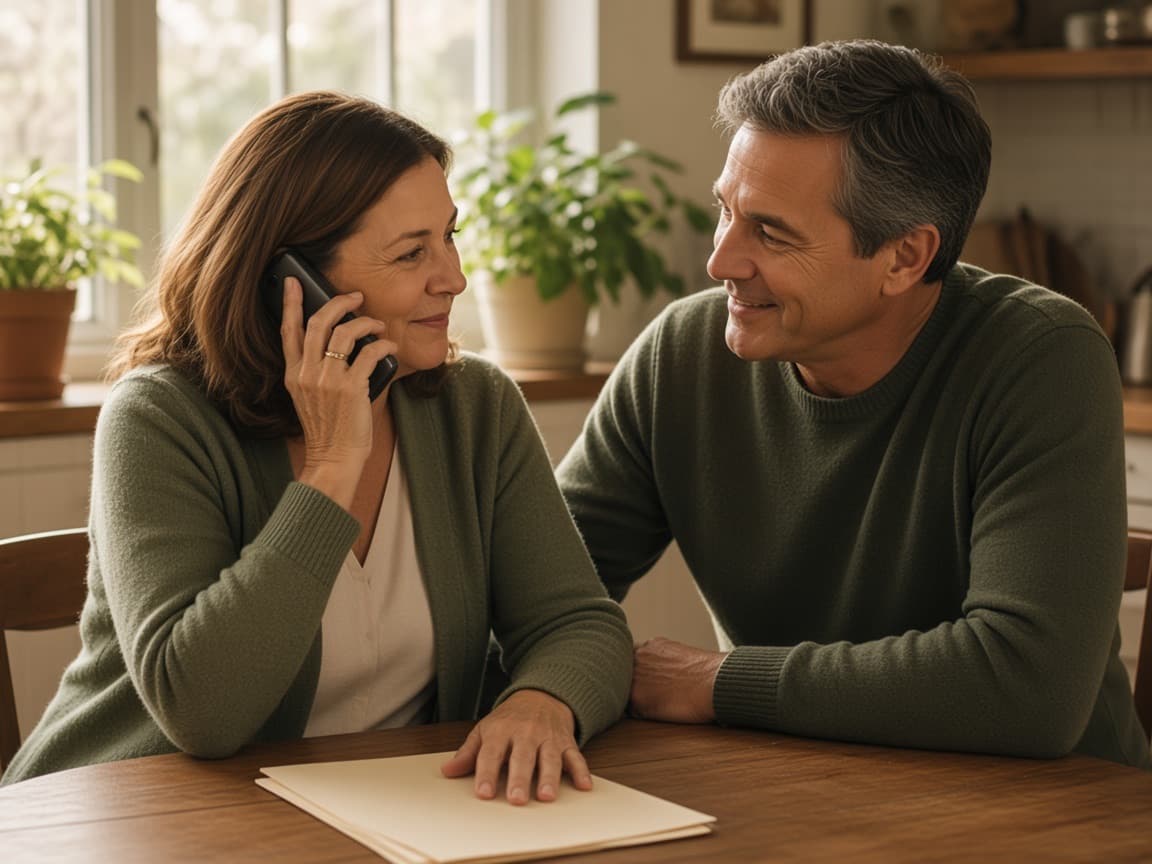 An older woman calmly on the phone at her kitchen table, her son beside her.