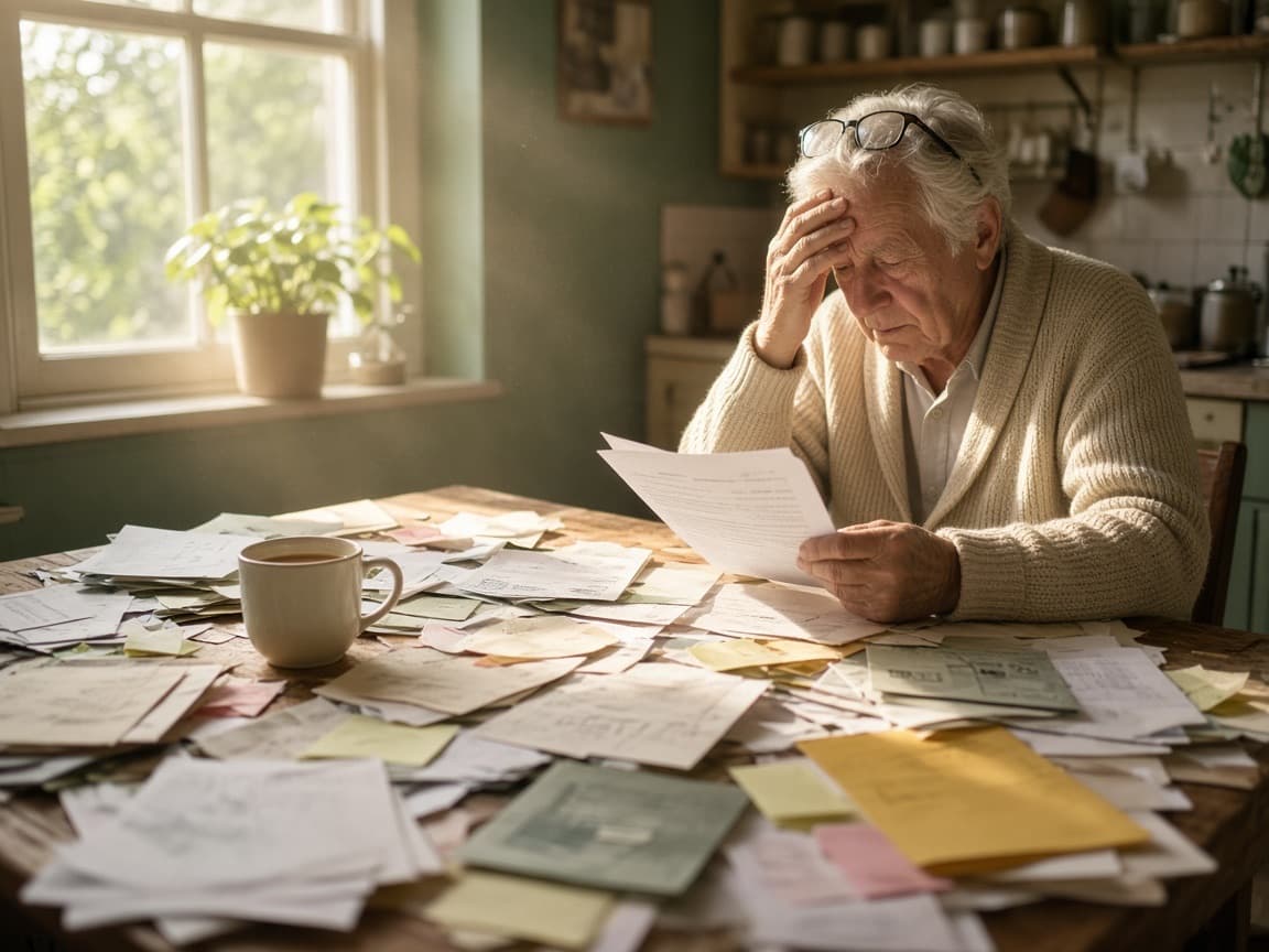 An older man at his kitchen table in morning light, a hand to his brow, the table buried in letters, statements and envelopes.