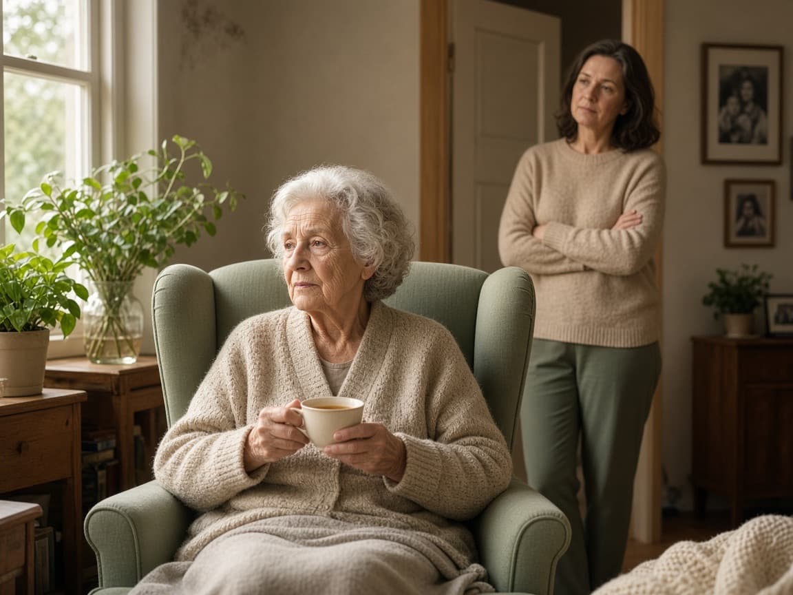 An older woman looking out of the window with a cup of tea while her daughter waits in the doorway.