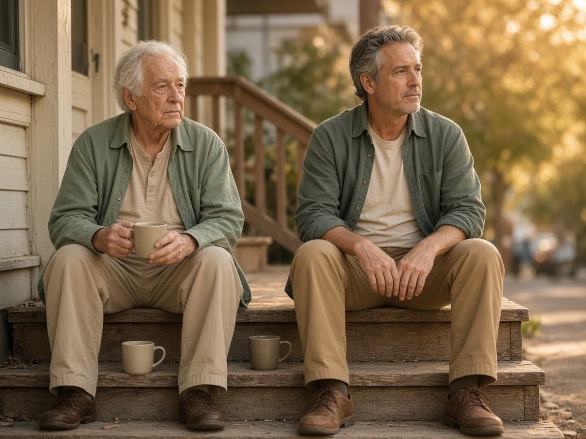 A father and his adult son sitting side by side on the front steps, looking out at the street.