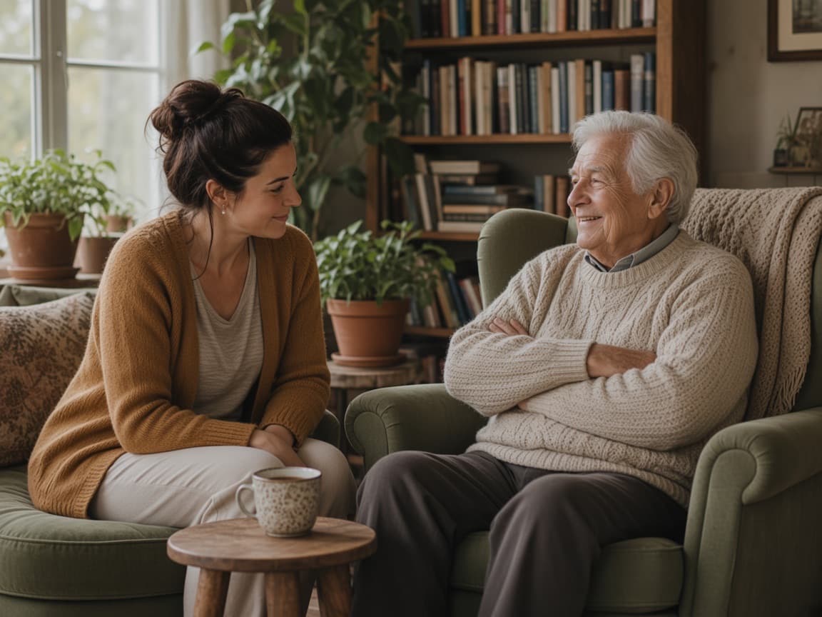 An older man with arms folded in his armchair while his daughter listens patiently.