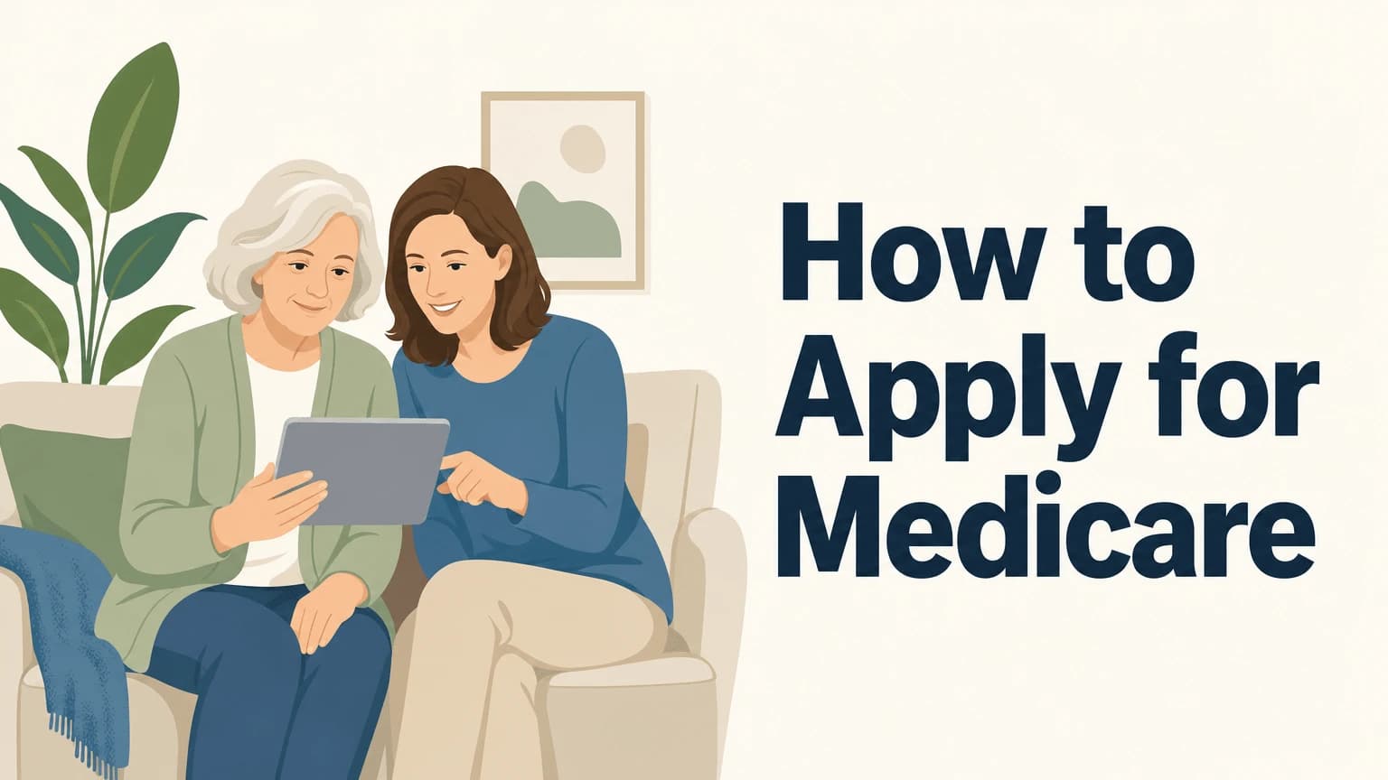 An older white woman and her adult daughter looking at a tablet together in a living room, getting ready to apply for Medicare